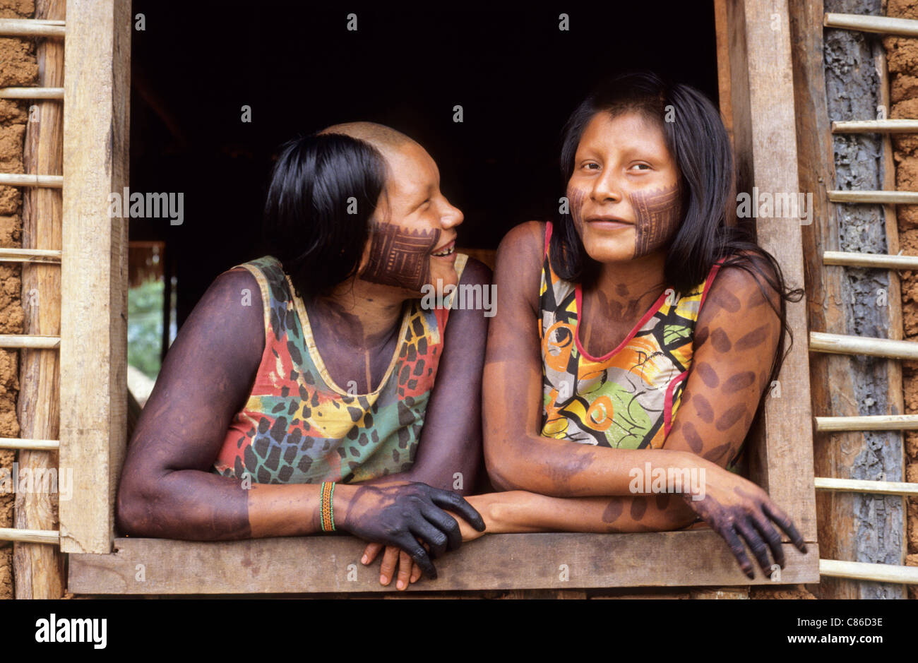 A-Ukre village, Brazil. Paiponu and Paingroti, two Kayapo women; Xingu Indigenous Area, Para State. Stock Photo