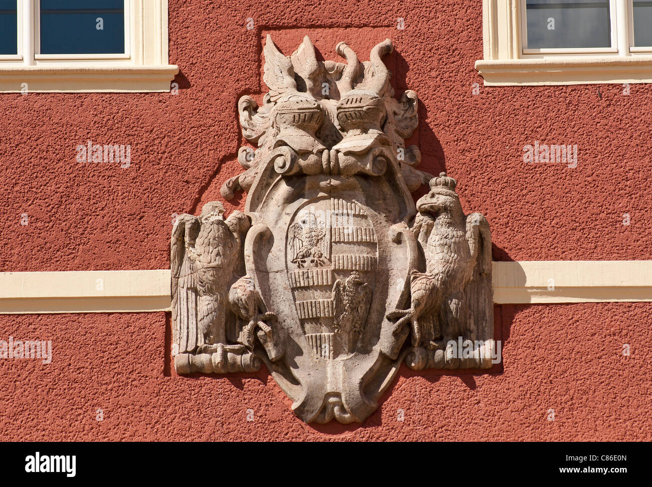 Decorative crest on the wall of New Palace in Fuerst-Pueckler-Park, Bad Muskau, Germany. Stock Photo