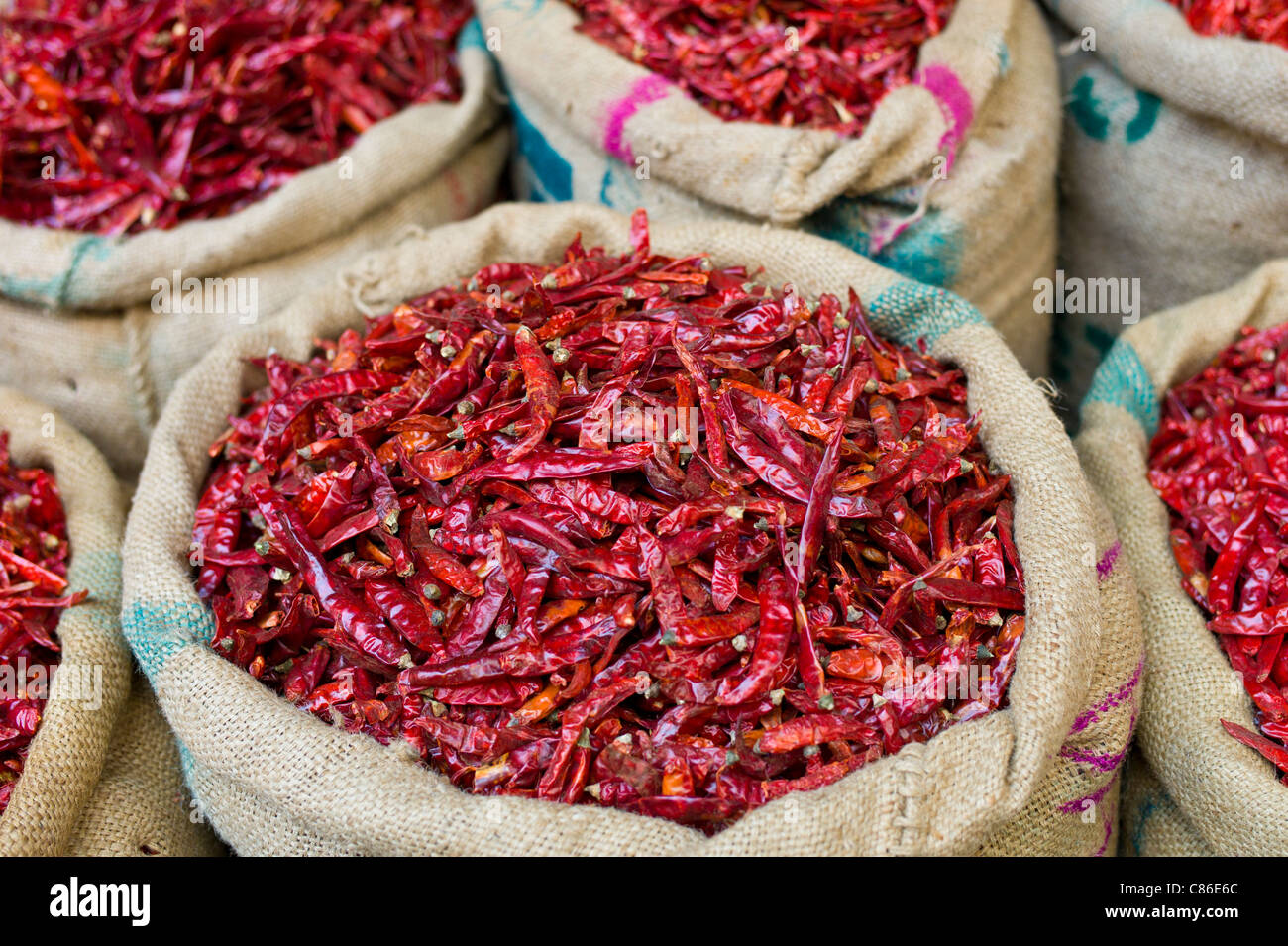 Red chillies on sale at Khari Baoli spice and dried foods market, Old