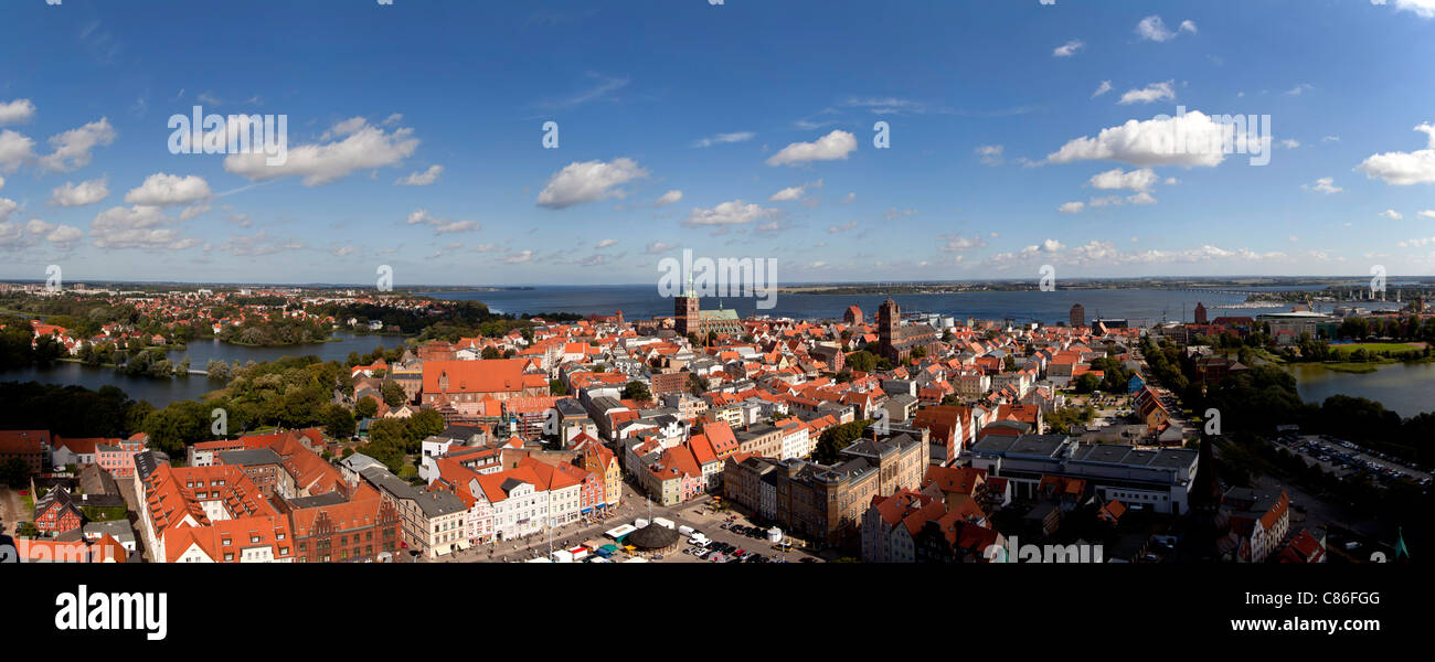 panoramic view over the historic centre of Stralsund and Ruegen island, Hanseatic City of Stralsund,  Germany Stock Photo