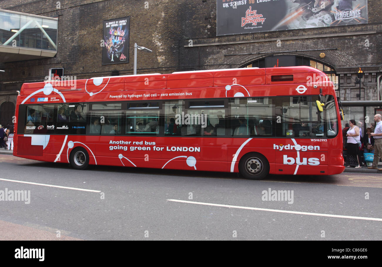 Hydrogen powered red bus outside London Dungeon England August 2011 Stock Photo