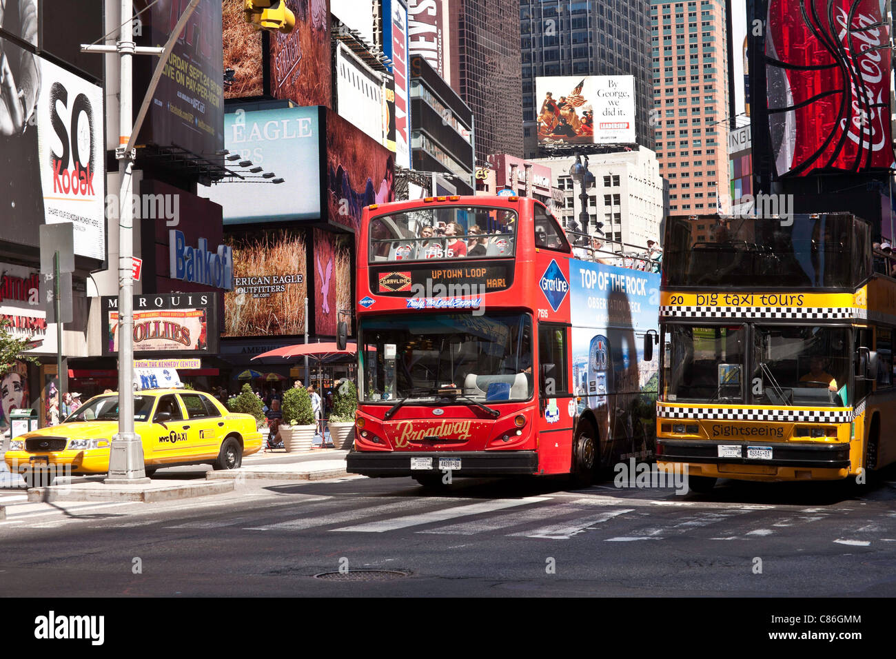 Taxi and Double Decker Tour Buses, Times Square, NYC Stock Photo Alamy