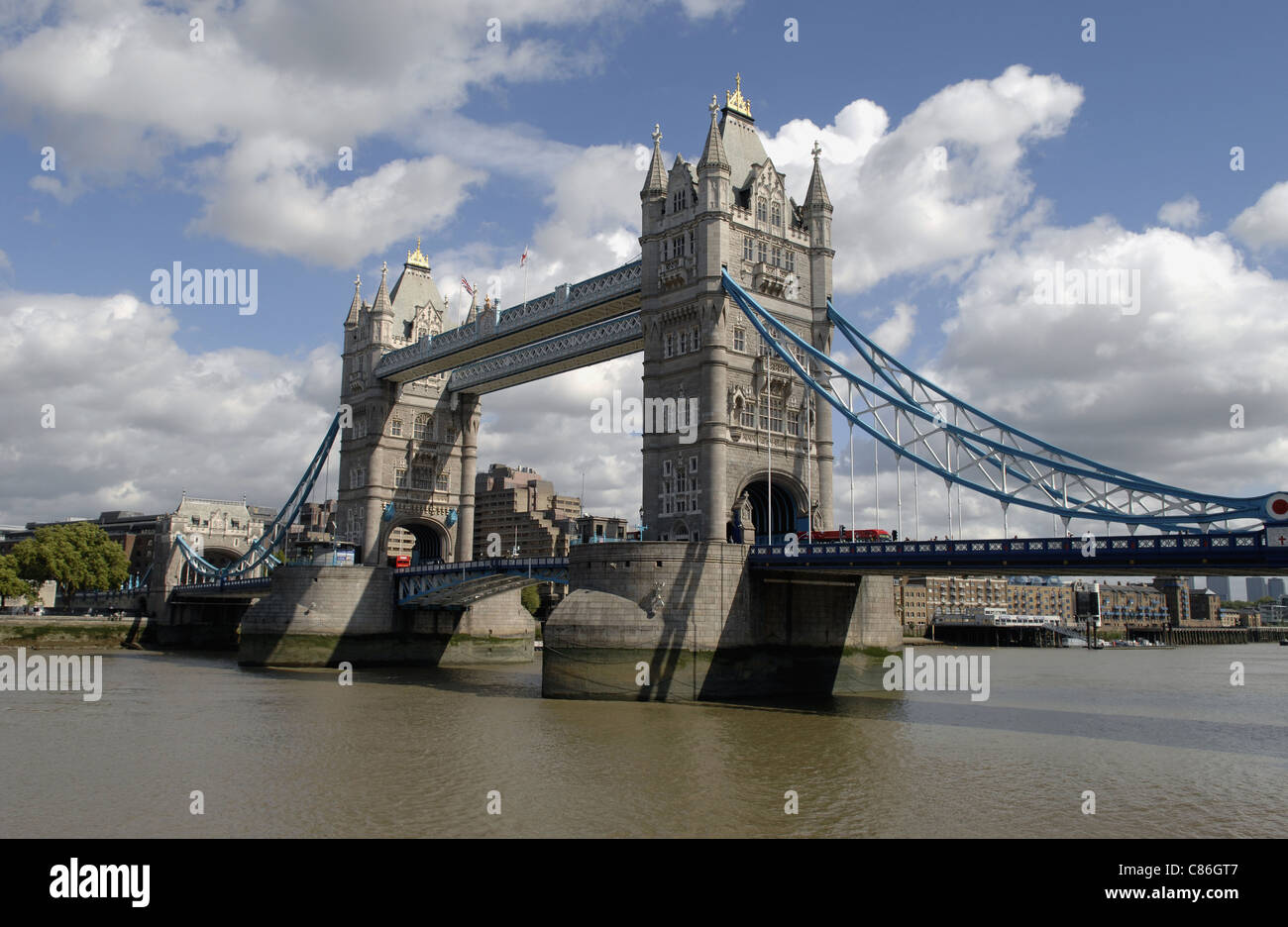 View of Tower Bridge on River Thames, London, taken from South Bank. Lovely Autumn light with good cloud formations. Stock Photo