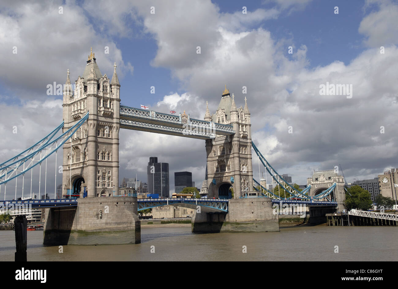 View of Tower Bridge on River Thames, London, taken from South Bank. Lovely Autumn light with good cloud formations. Stock Photo