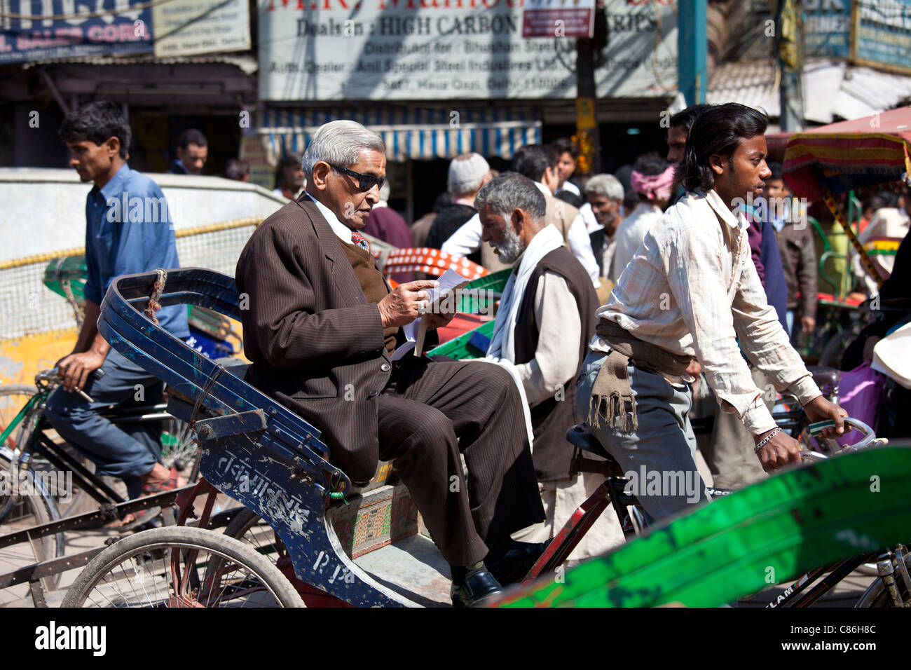 Crowded street scene at Chawri Bazar in Old Delhi, India Stock Photo