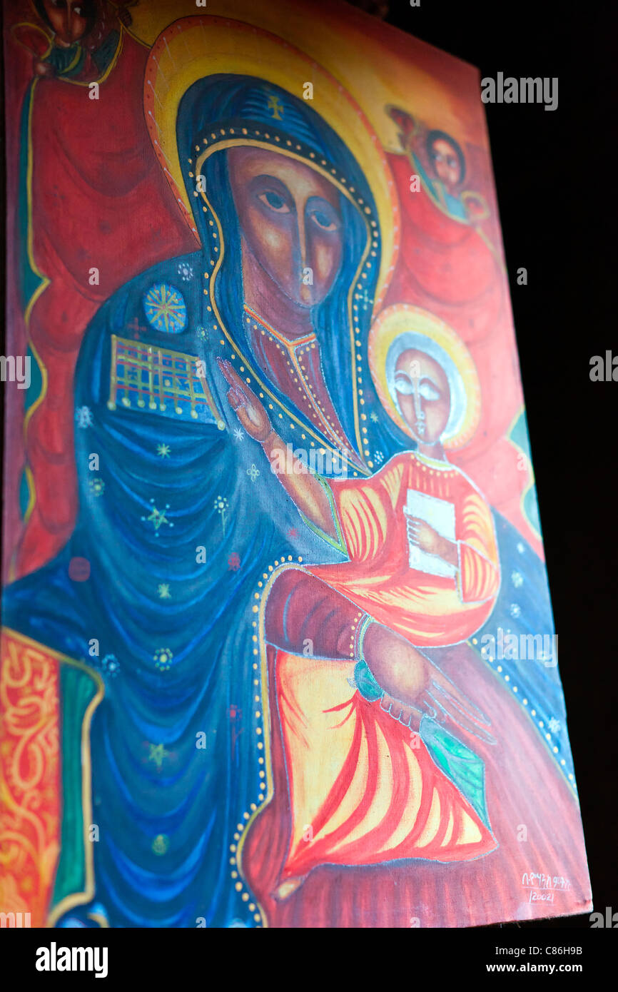 Religious painting inside the rockhewn church of Bet Meskel in Lalibela, Northern Ethiopia