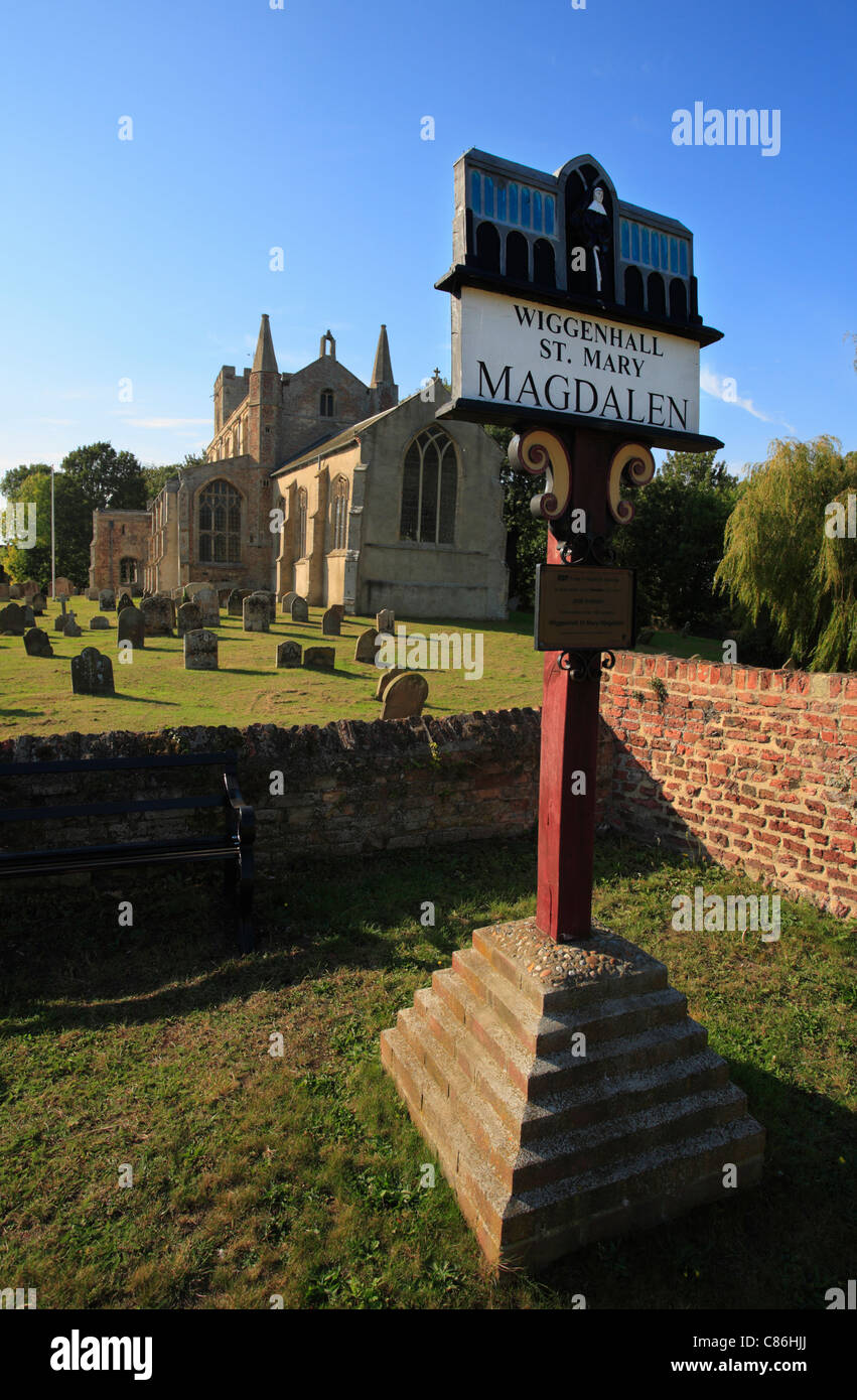 Village sign for St Mary Magdalene in Norfolk. Stock Photo