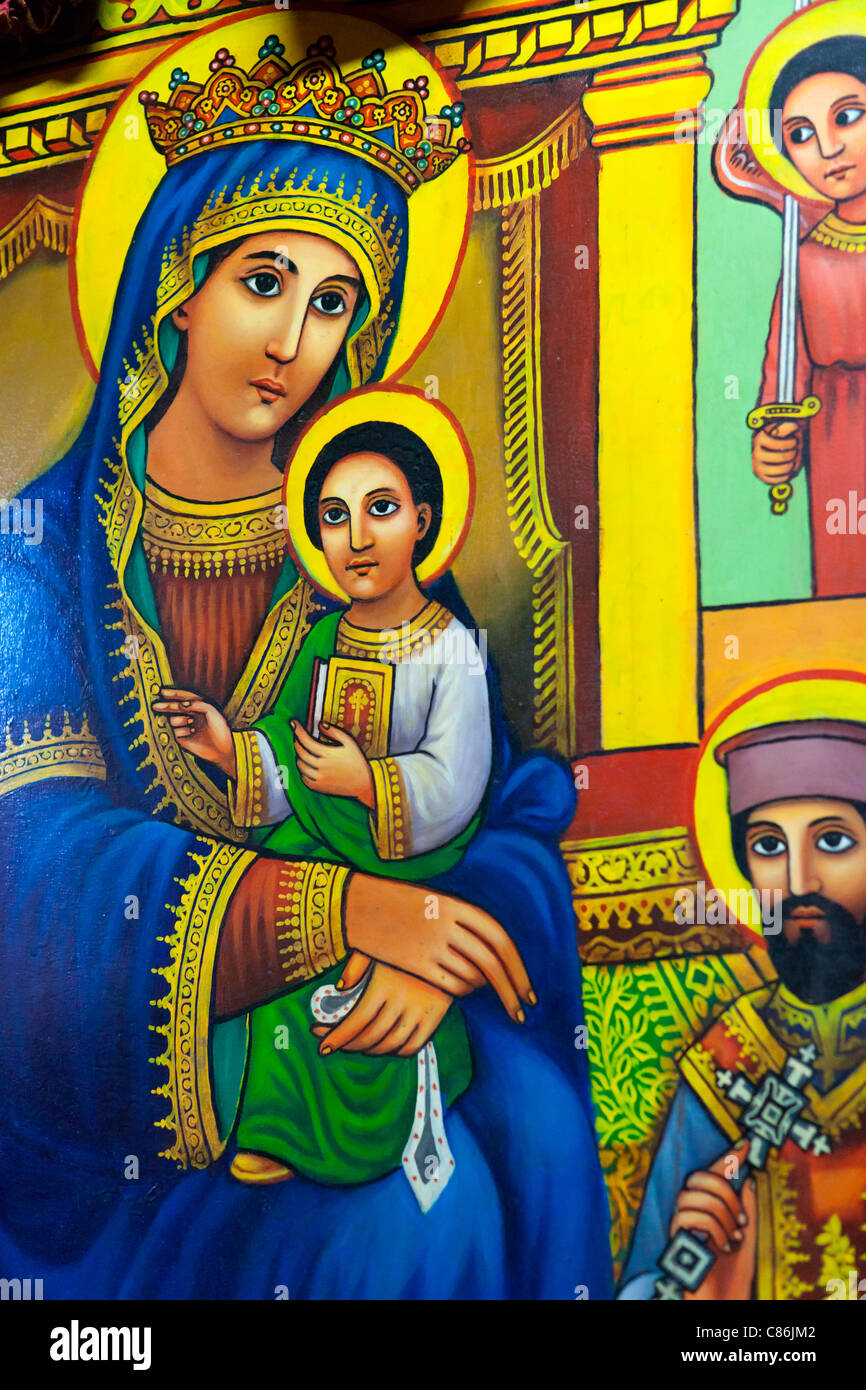 Religious painting inside the rockhewn church of Bet Maryam in Lalibela, Northern Ethiopia