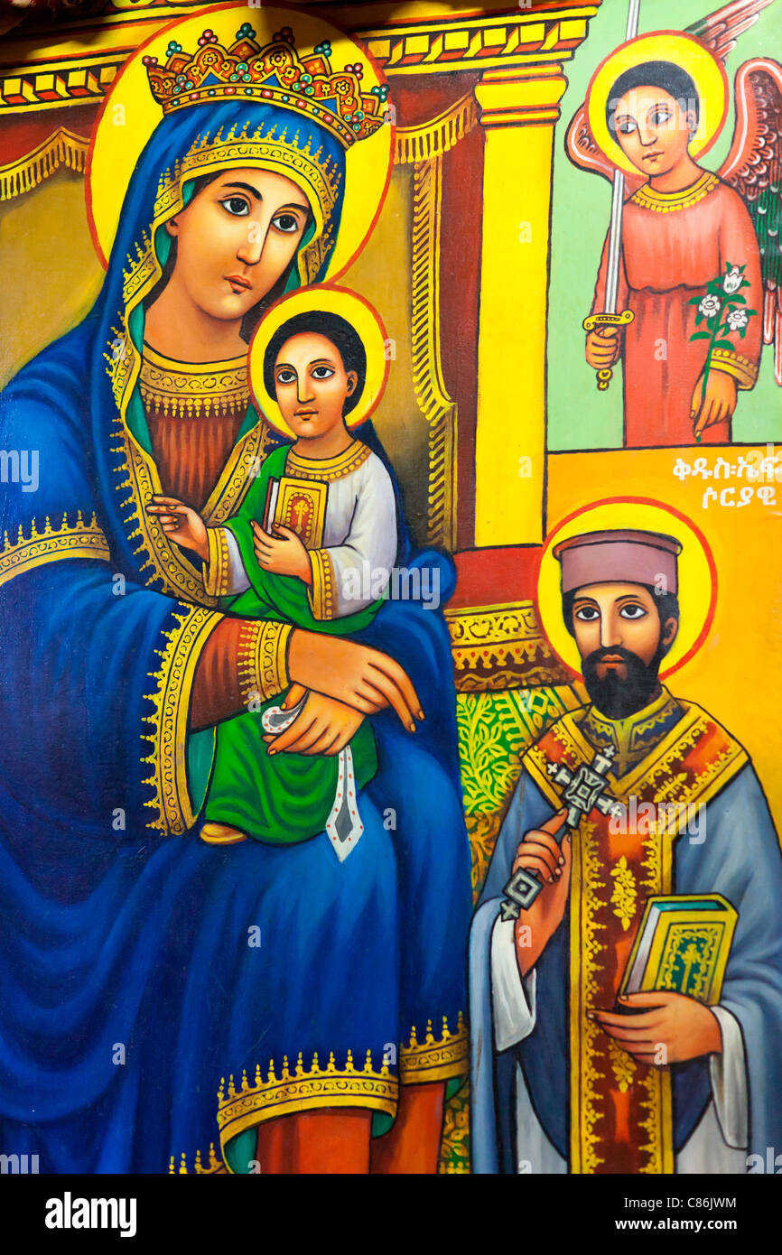 Religious painting inside the rockhewn church of Bet Maryam in