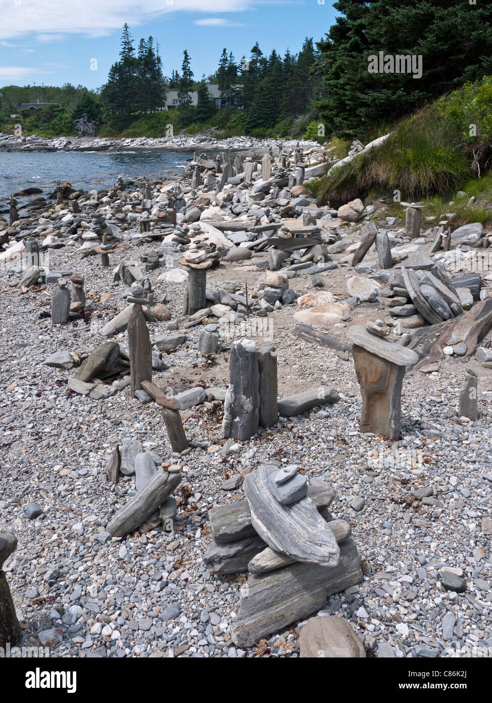 Rock sculptures balance on the beach at Pemquid Point Maine USA Stock