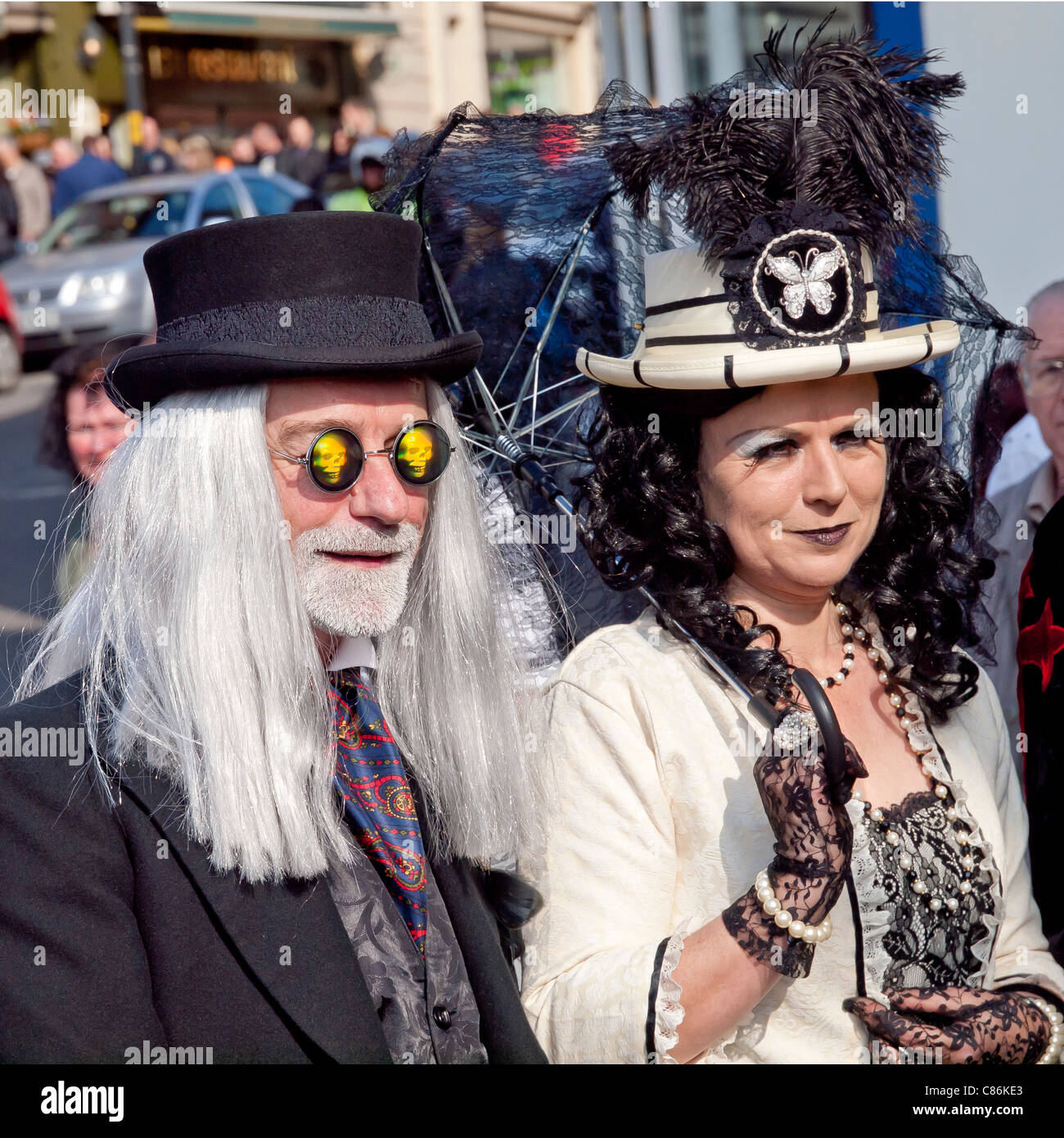 A man and his woman partner in Victorian Gothic dress at the Whitby Goth Week End spring 2011 Stock Photo