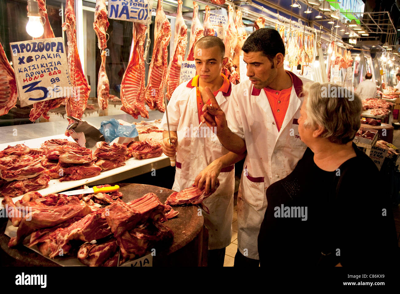 Athens Central Market. The meat market is under cover and full of