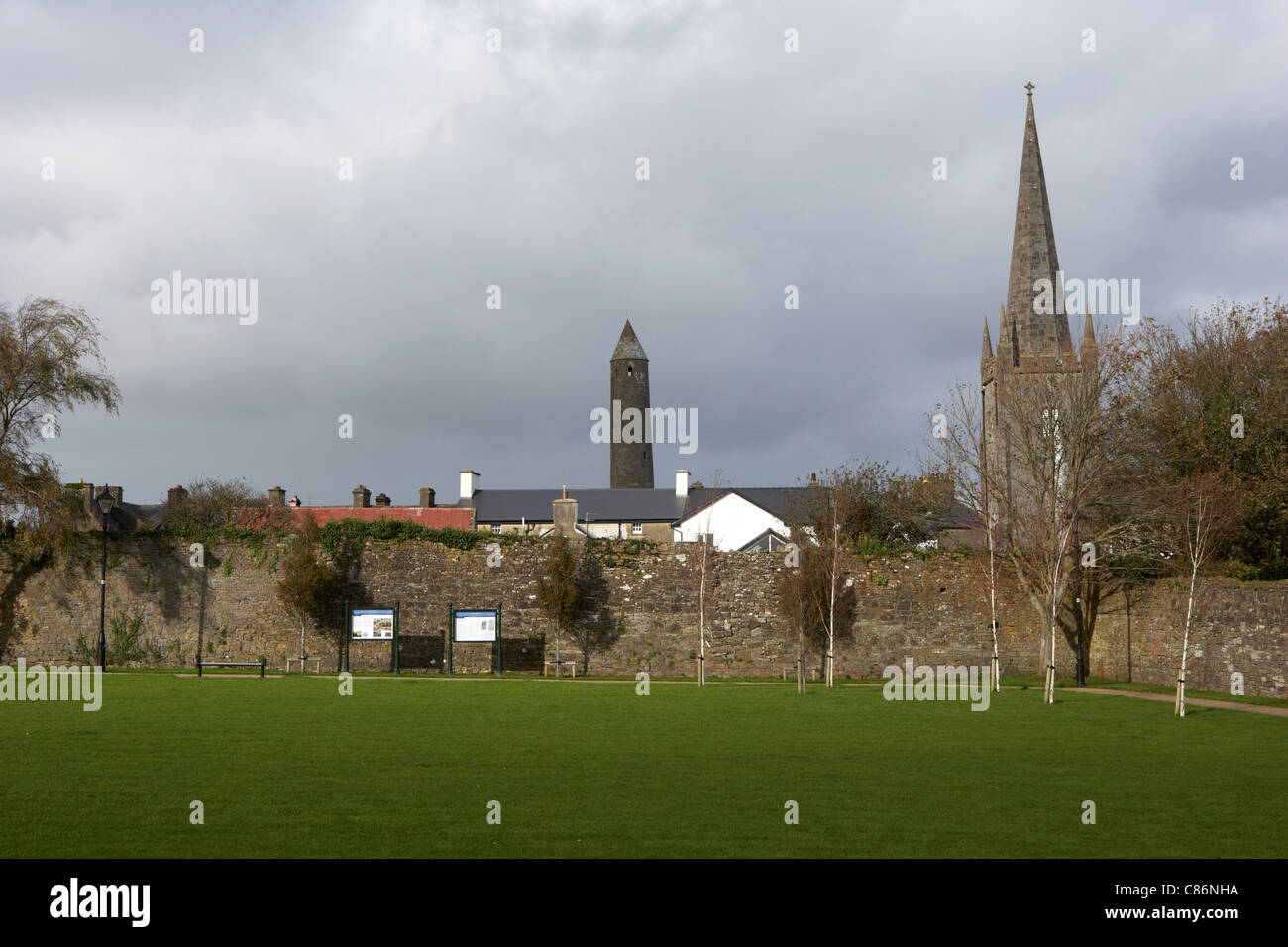 former castle and palace and workhouse site with cathedral and round tower killala