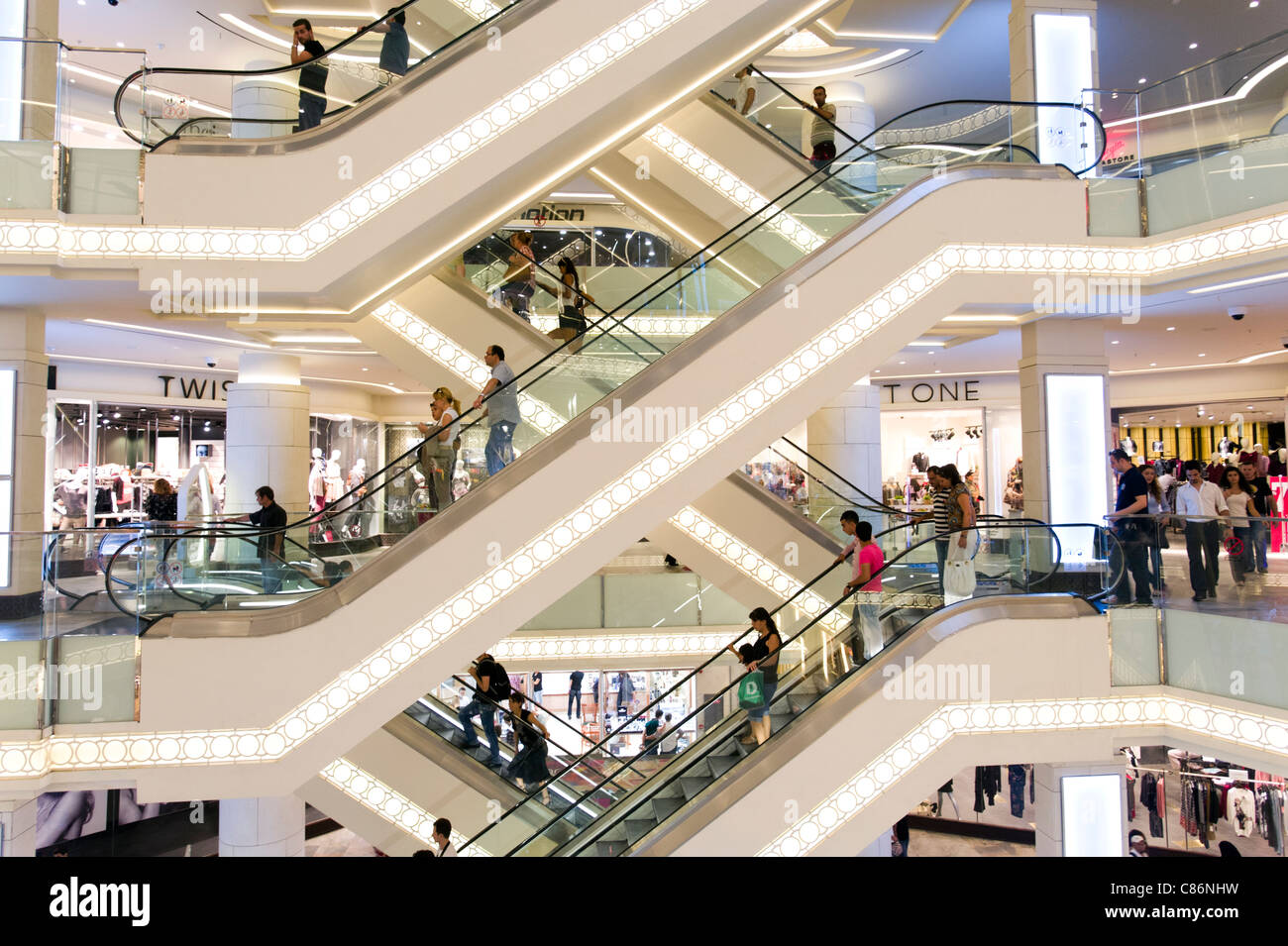 Escalators in Demiroren shopping centre on Istiklal Cadessi, Beyoglu, Istanbul, Turkey Stock Photo