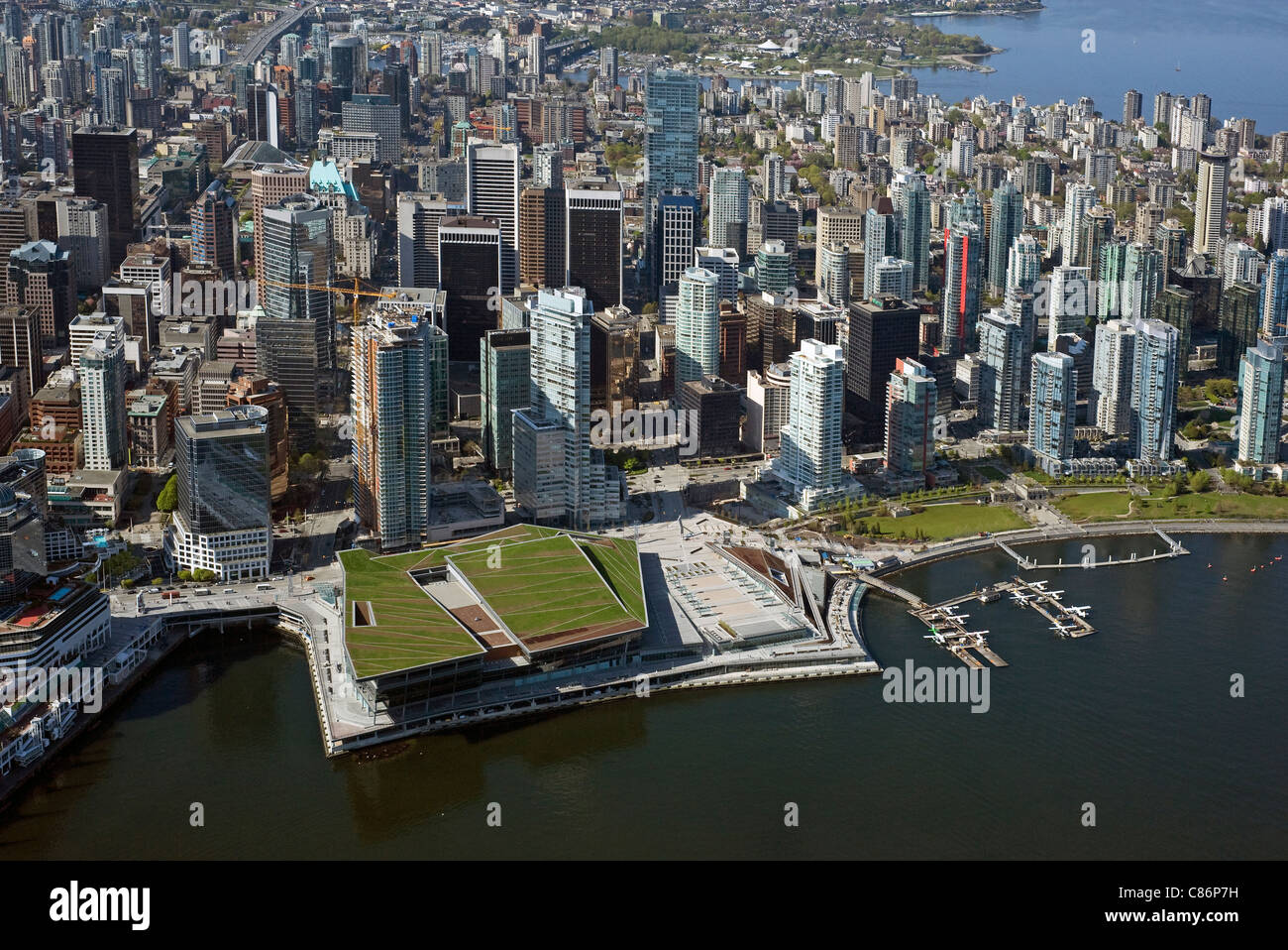 Vancouver Aerial - Vancouver Convention Centre and Vancouver West End Stock Photo