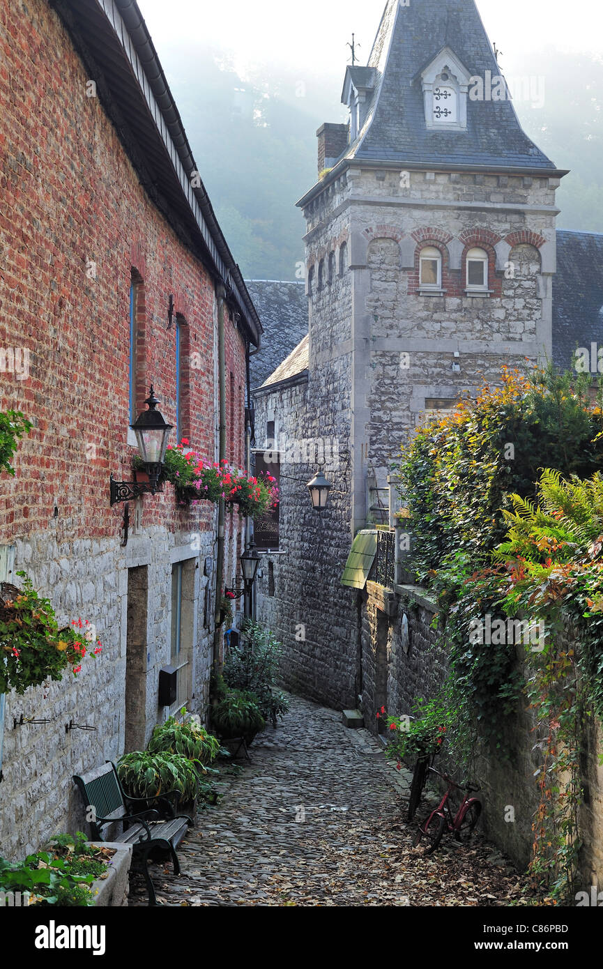 Alley in the mist at Durbuy, smallest city in the world, Belgian Ardennes, Belgium Stock Photo