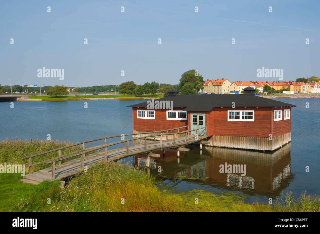 Wooden club house at Malmfjärdan bay Kalmar city Småland southern Sweden Europe Stock Photo