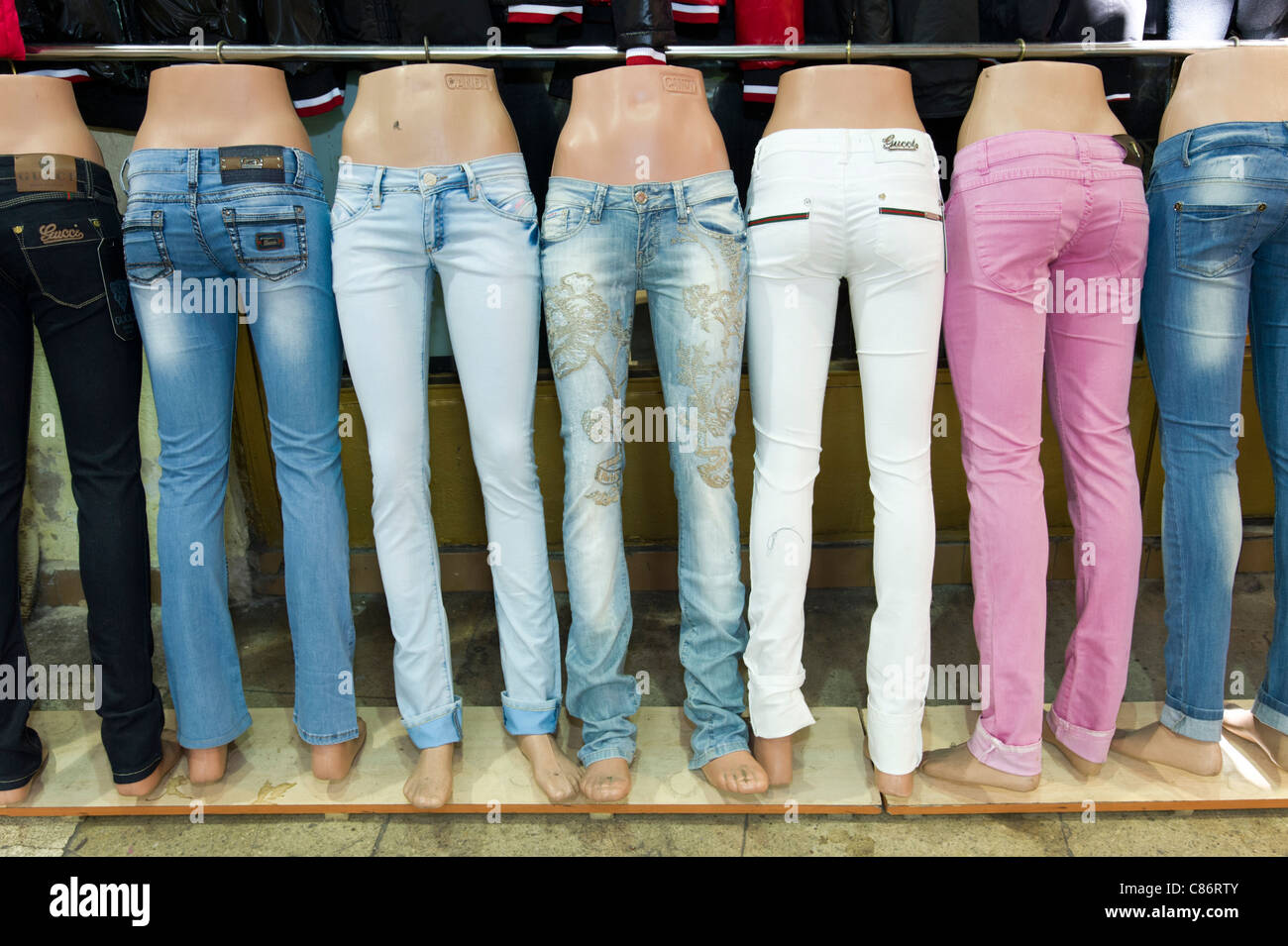 Women's jeans for sale on stall in the Grand Bazaar, Istanbul, Turkey Stock Photo