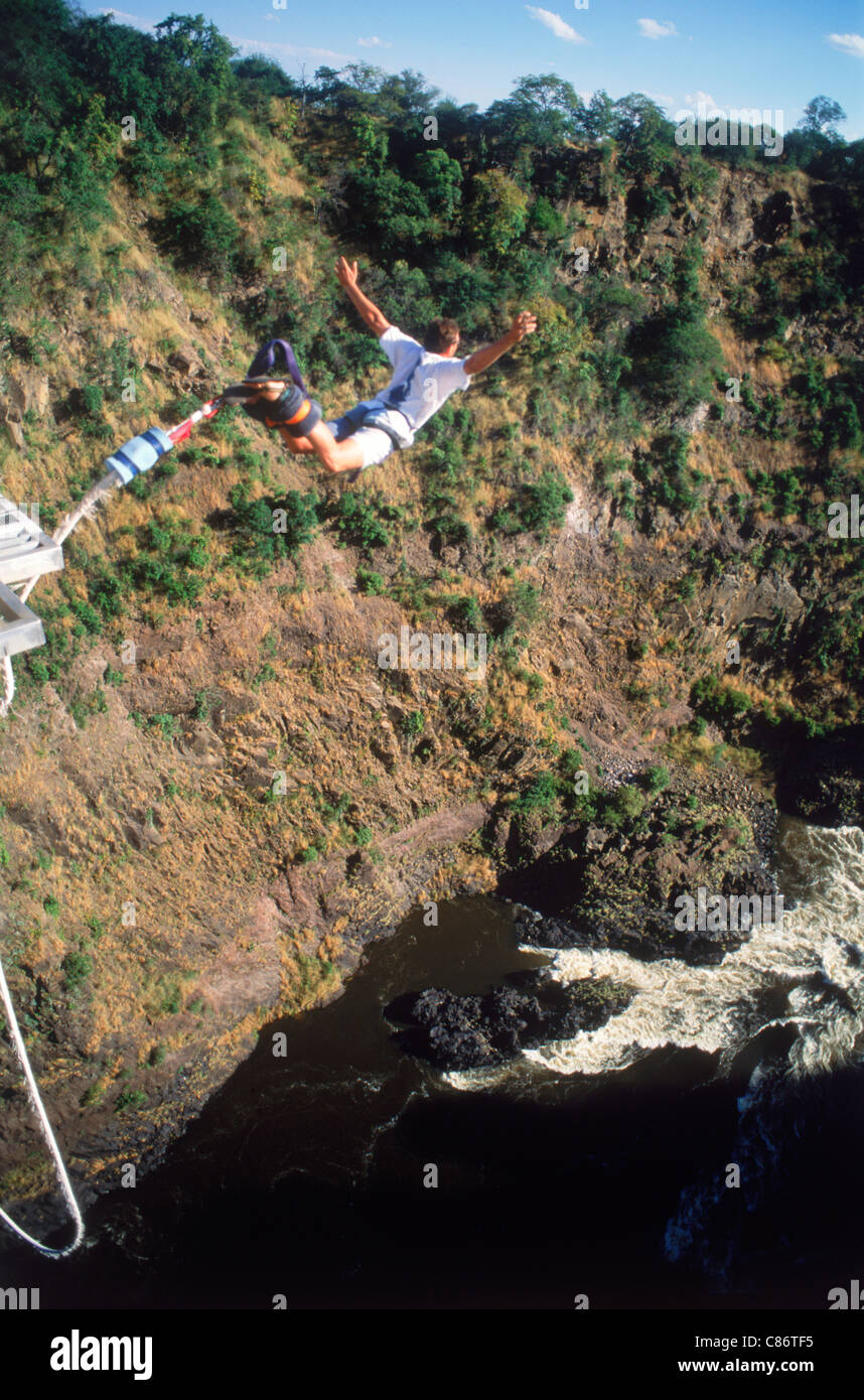 Bungee jumping off 152 meter high Victoria Falls Bridge above Zambezi River between Zimbabwe and