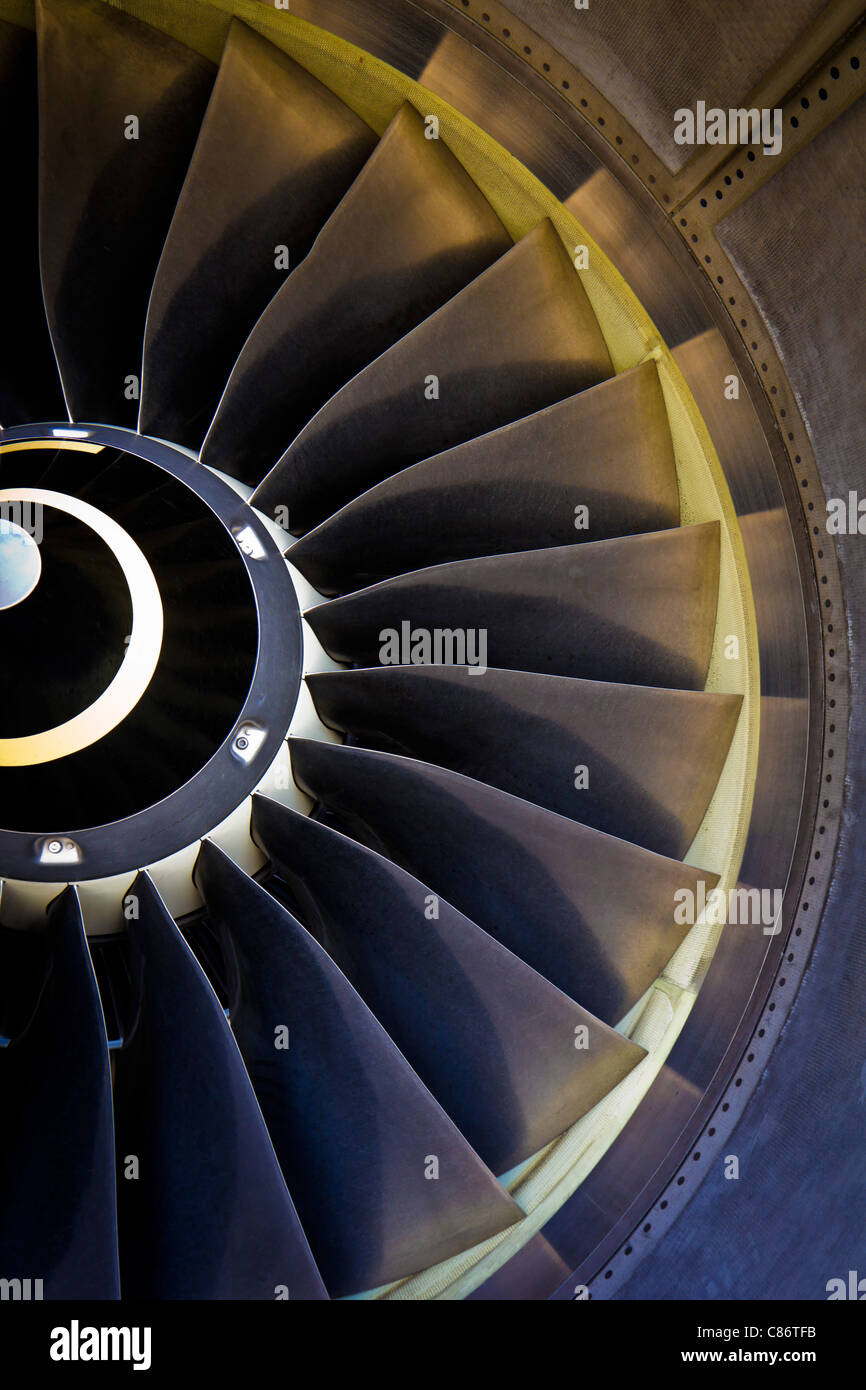 Closeup of the air inlet of an IAE V2500 turbofan engine. Stock Photo