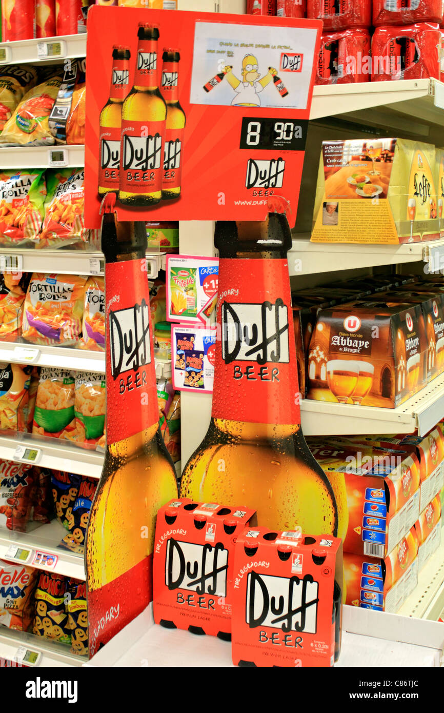 Bottles of Duff beer on sale in a French Supermarket Stock Photo Alamy