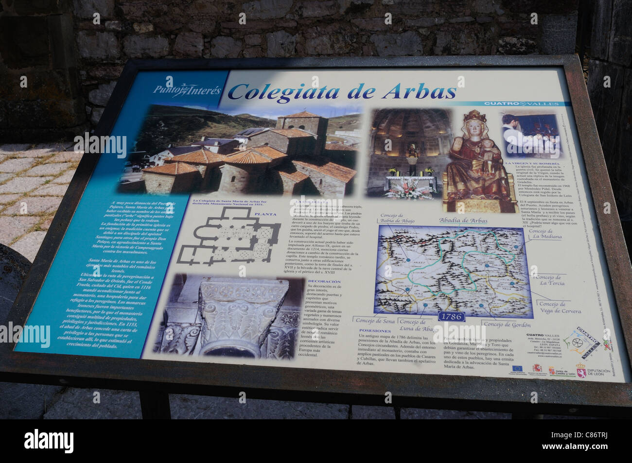 Information sign " Colegiata de Arbas " ( 13 th ) PUERTO DE PAJARES . Principado de Asturias . SPAIN . Stock Photo