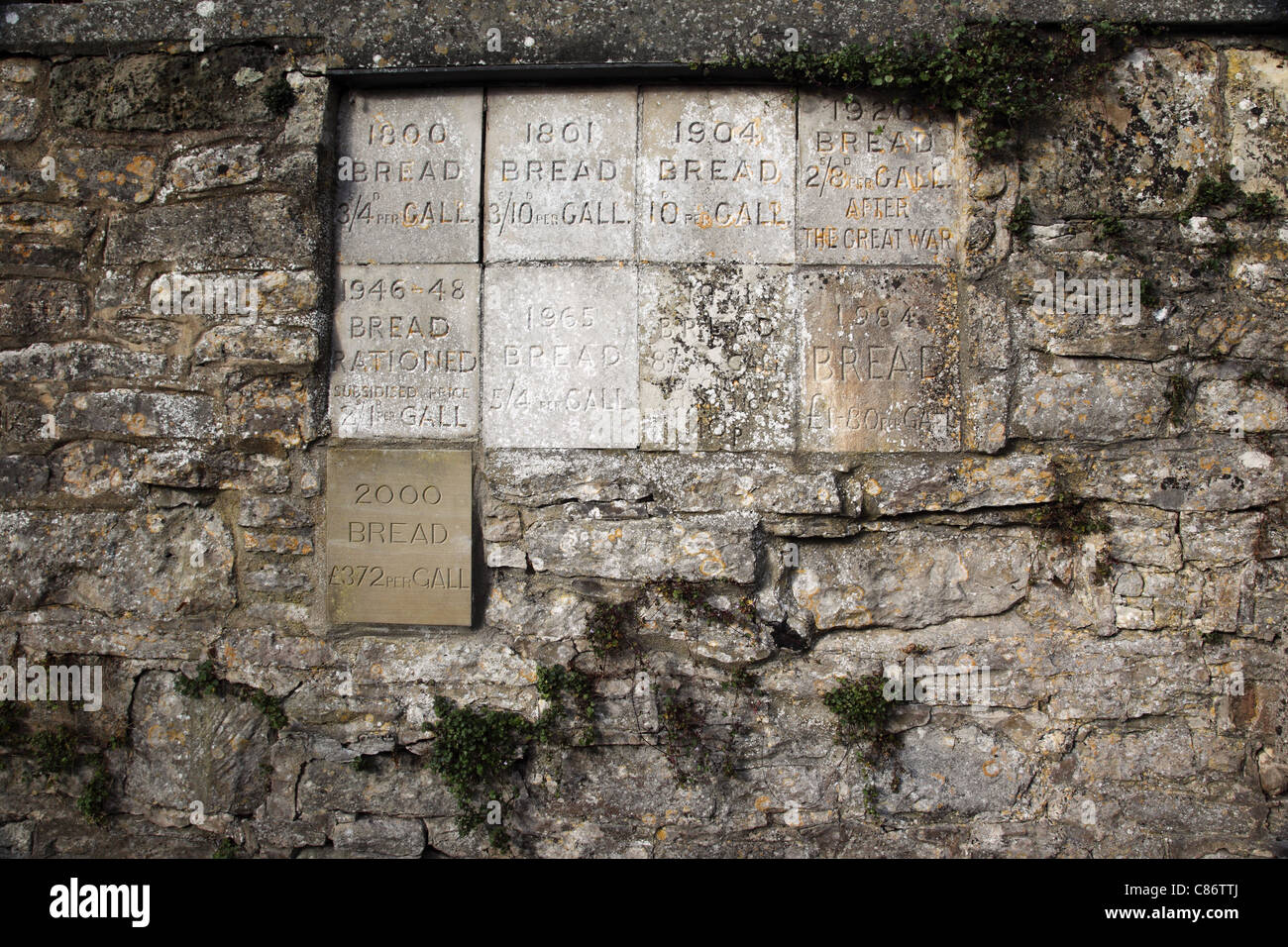 Close up of Stone tablets recording the price of bread over two centuries. Great Wishford, Near Salisbury, Wiltshire, England, UK Stock Photo