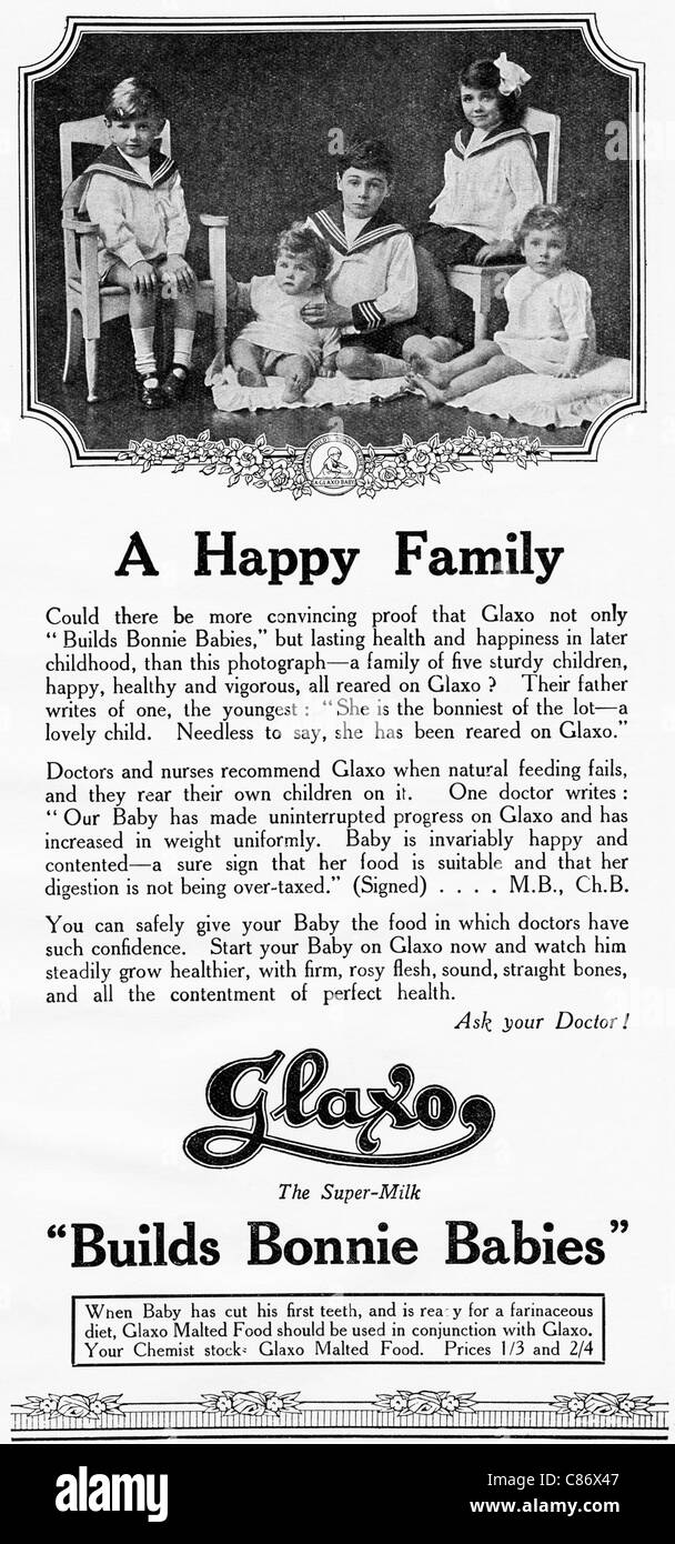 Original 1920s magazine advertisement advertising GLAXO MALTED FOOD, THE SUPER-MILK, 'BUILDS BONNIE BABIES' Stock Photo