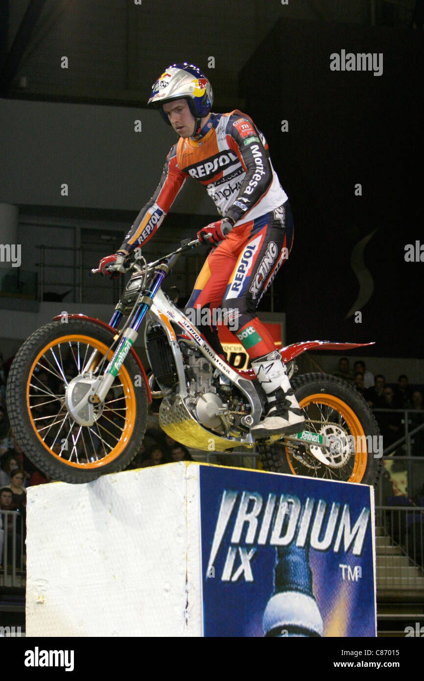 Dougie Lampkin MBE from Great Britain in action on his Montesa bike at the Belfast round of the Indoor Trial World Championship, won by Adam Raga from Spain. Stock Photo
