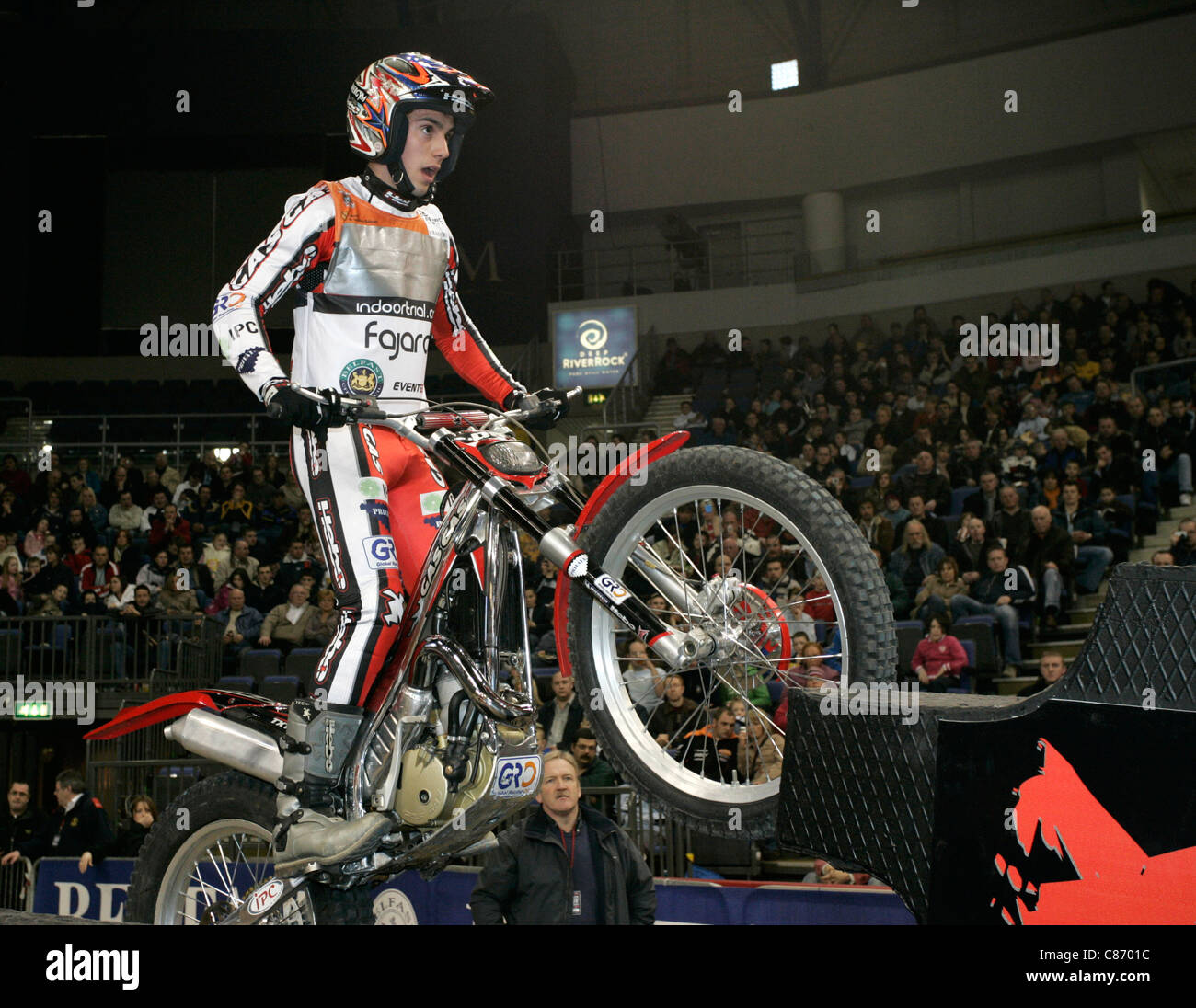 Jeroni Fajardo from Spain in action on his Gas Gas bike at the Belfast round of the Indoor Trial World Championship, won by Adam Raga from Spain. Stock Photo