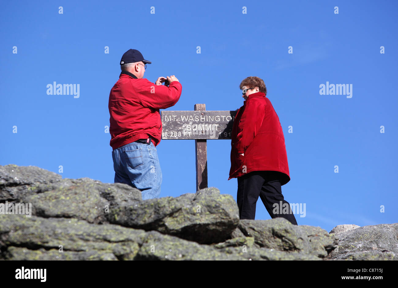 Tourists on the summit of Mt Washington, White Mountain National Forest, New Hampshire Stock Photo