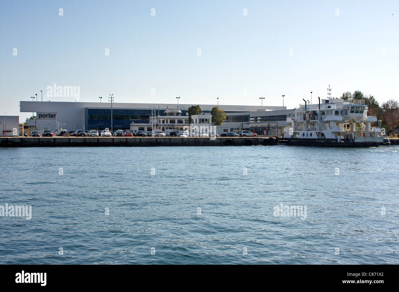 Ferry arriving at the Billy Bishop Toronto City Airport in Toronto, Ontario, Canada Stock Photo