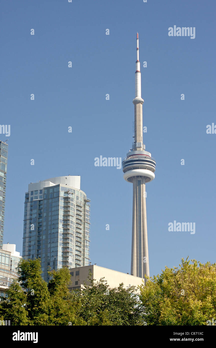 The CN Tower viewed from the Toronto Harbour Front, towering over downtown Stock Photo
