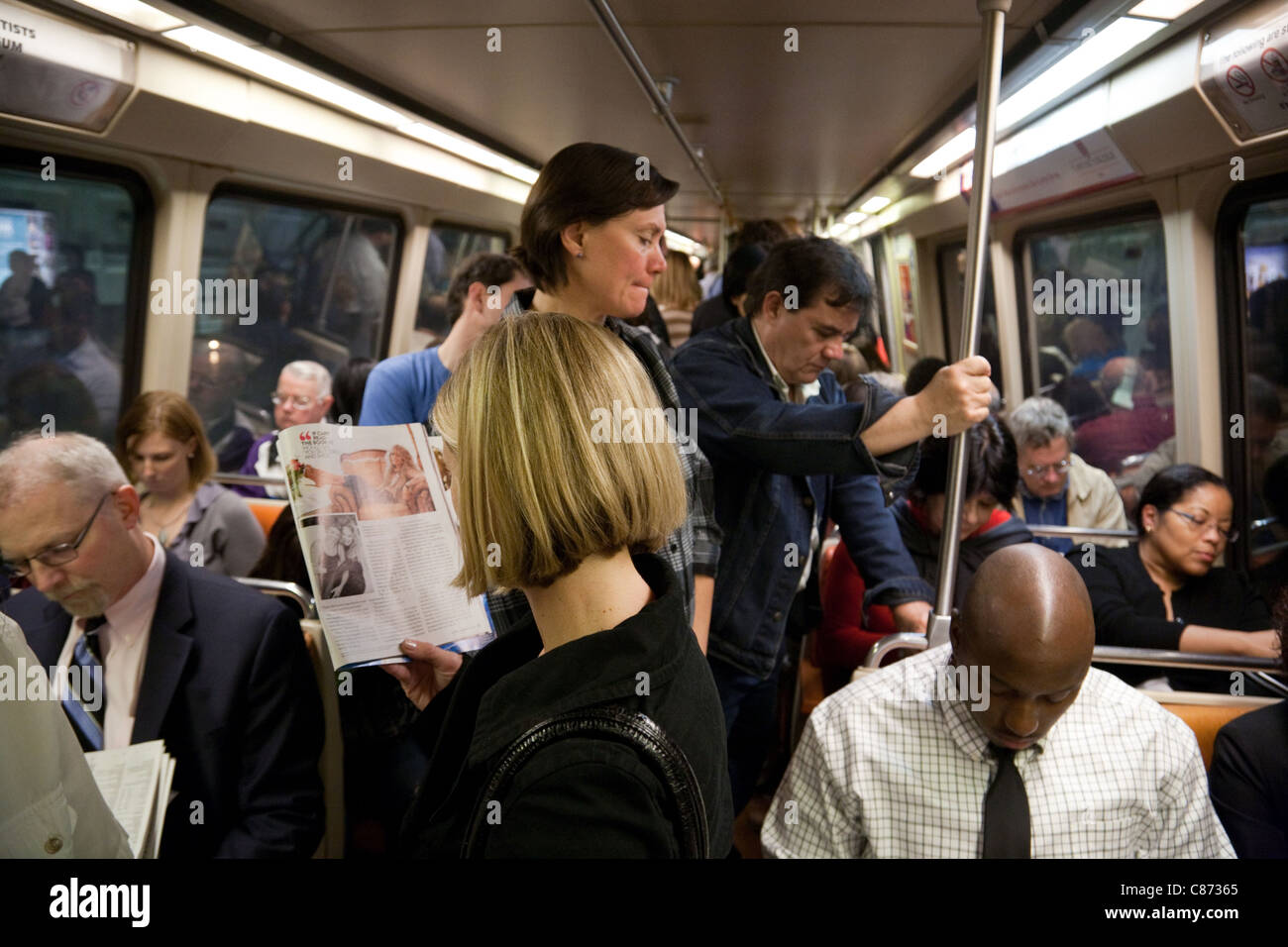 A crowded subway train, Washing DC metro, USA Stock Photo