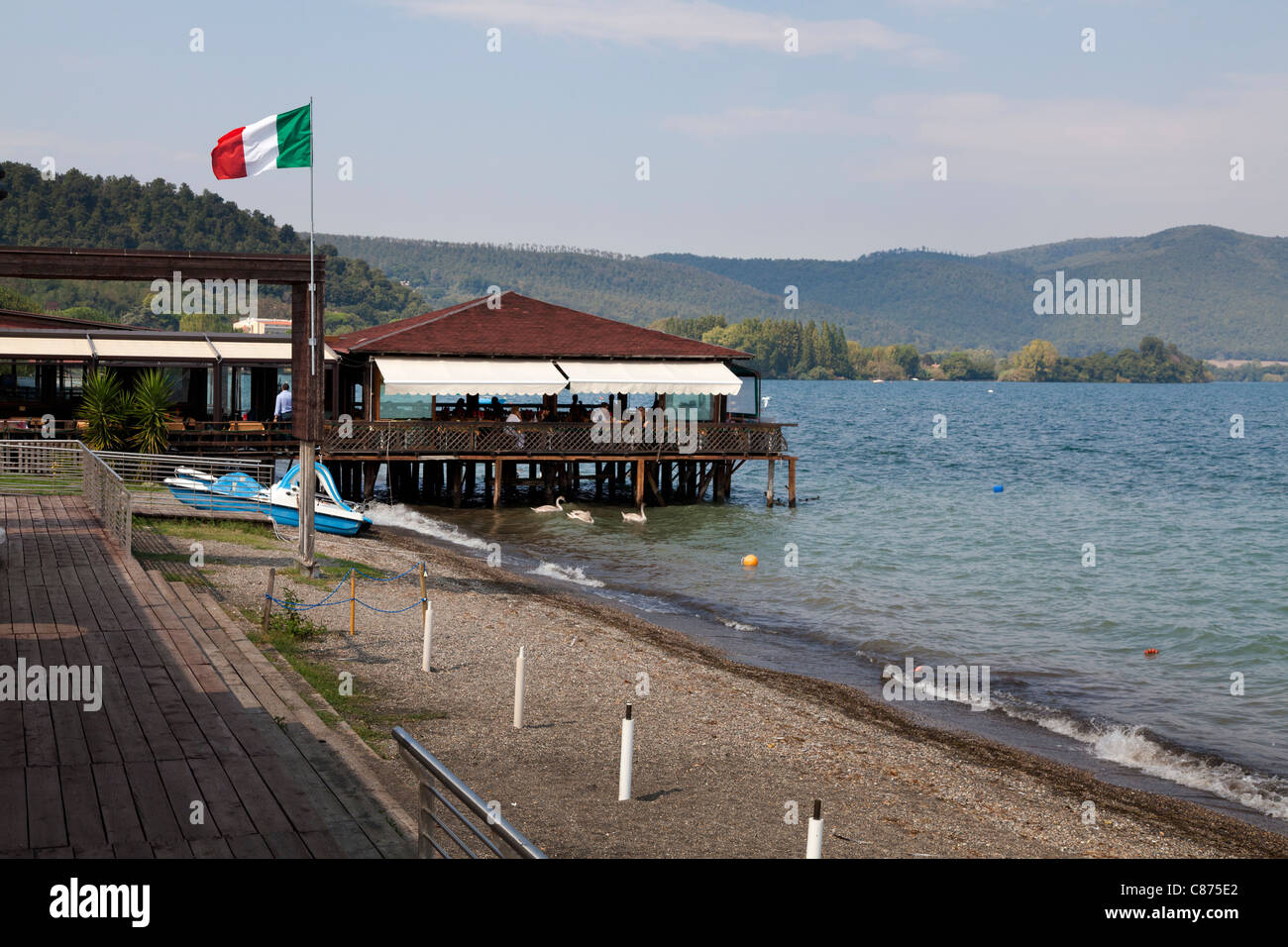 stilted restaurant over the lake at Bracciano Stock Photo