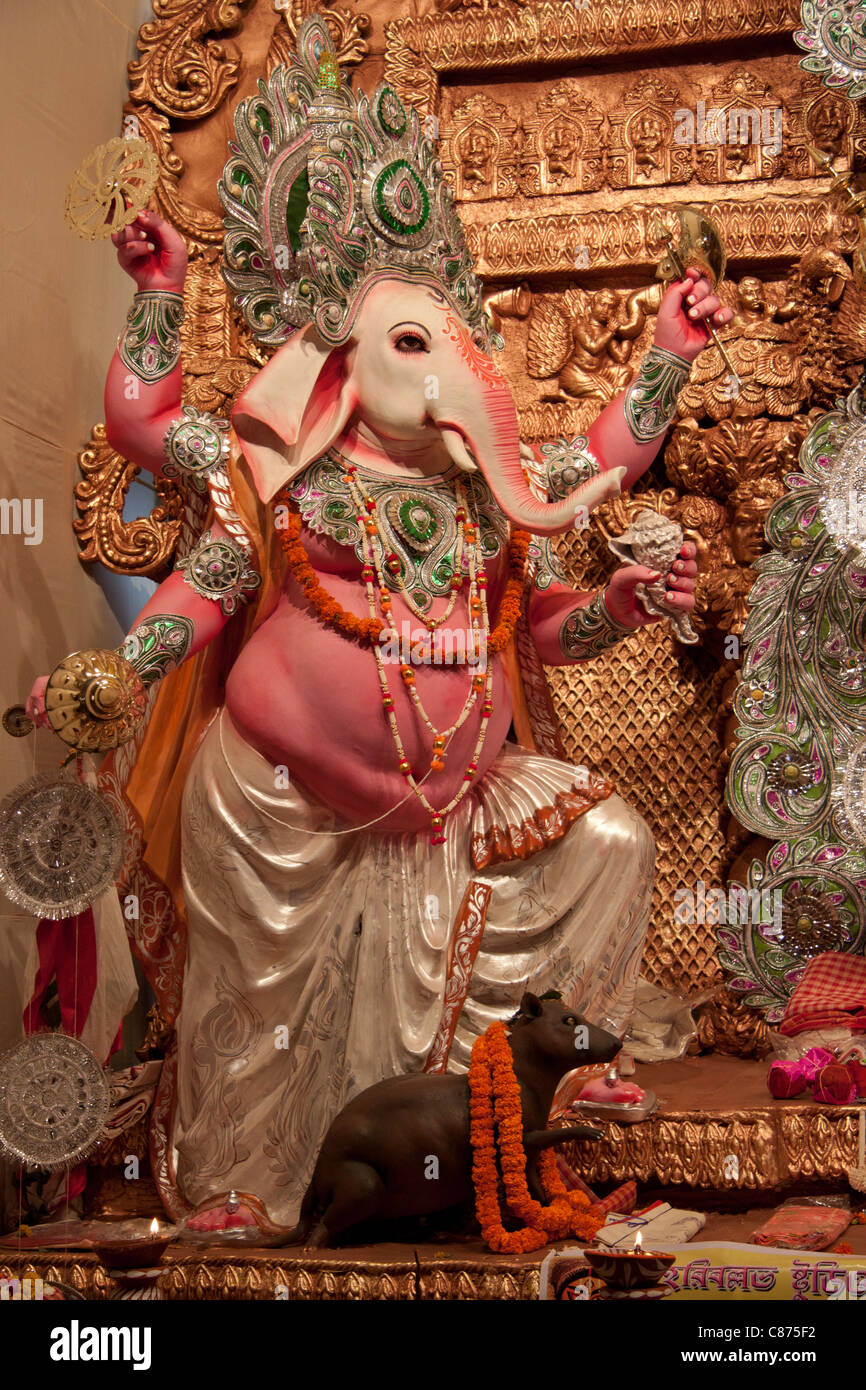 Depiction of elephant God 'Ganesh' at 'Kobiraj Bagan Durga Puja pandal' in 'Ultadanga', Kolkata (Calcutta), West Bengal, India. Stock Photo