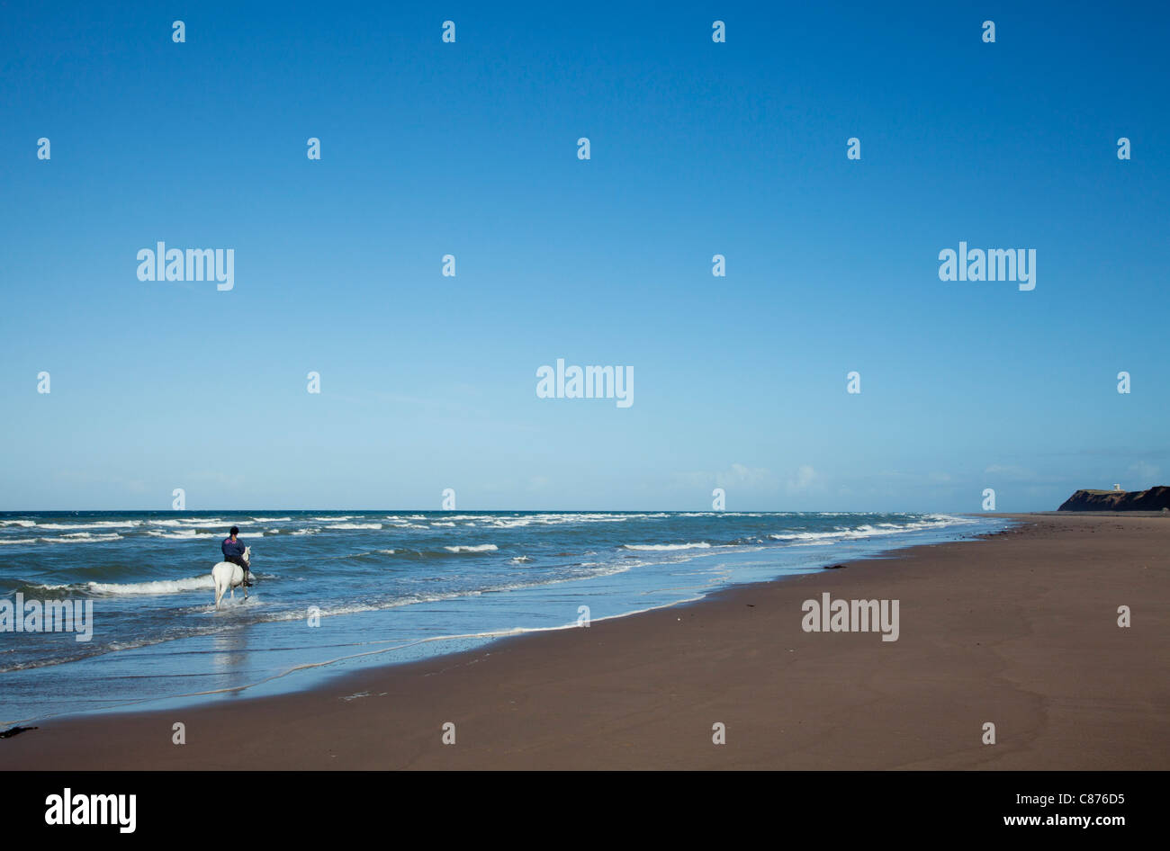 Woman riding a white horse in the sea, Isle of Man Stock Photo