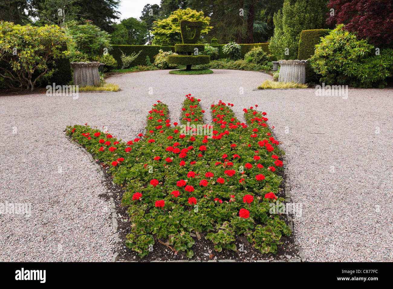 Northern Ireland, County Down, Newtownards, View of red Ulster hand made up of flowerbed at Mount Stewart gardens Stock Photo