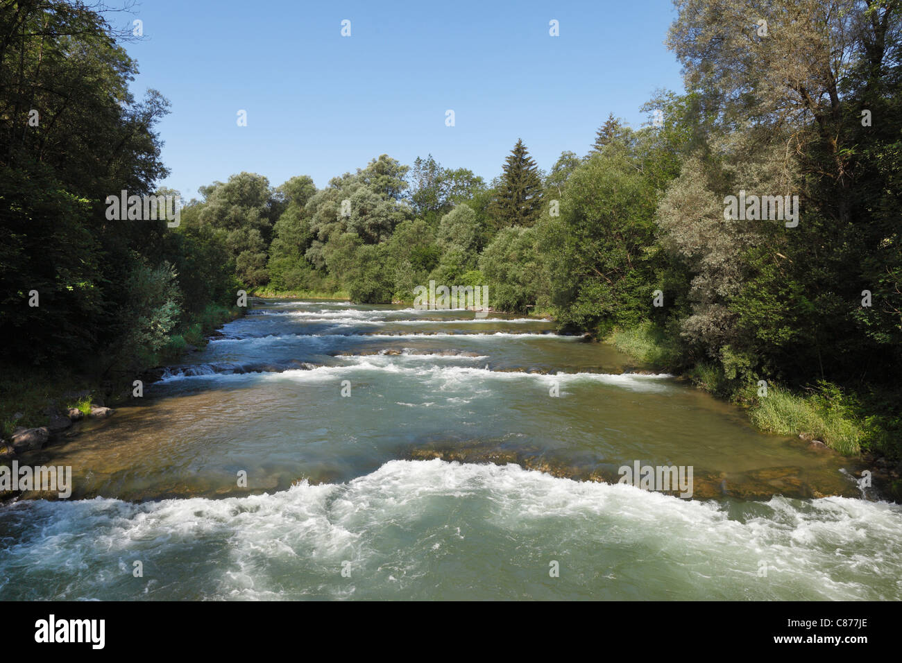 Germany, Bavaria, Upper Bavaria, Mangfall Valley, Valley Borough, View of Mangfall river Stock Photo