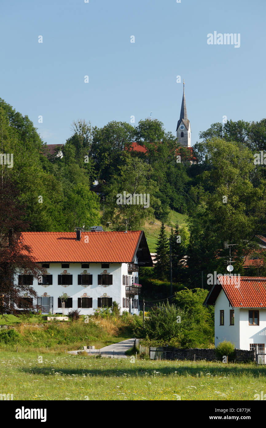 Germany, Bavaria, Upper Bavaria, Mangfall Valley, Valley Borough, View of houses at Hohendilching Stock Photo