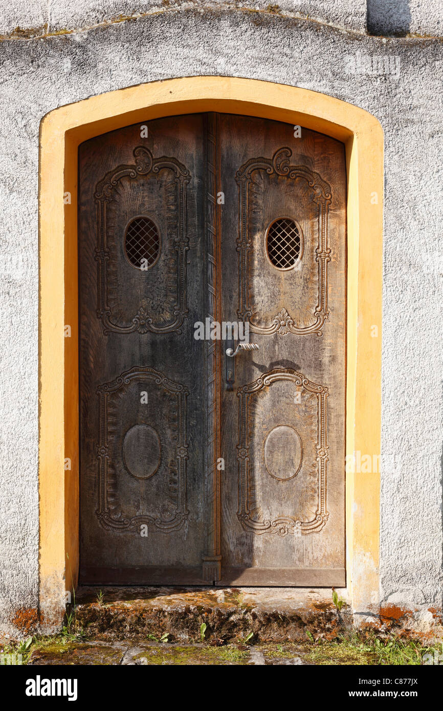 Germany, Bavaria, Upper Bavaria, Mangfall Valley, Valley Borough, AumÃ¼hle, View of closed door of chapel Stock Photo