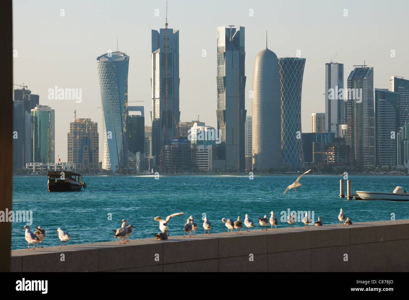 seagulls city center skyline doha qatar west bay Stock Photo
