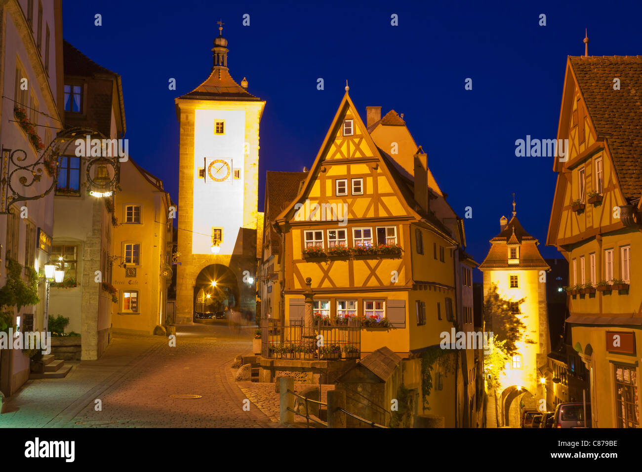 Germany, Bavaria, Franconia, Rothenburg ob der Tauber, View of frame houses and Siebersturm tower Stock Photo