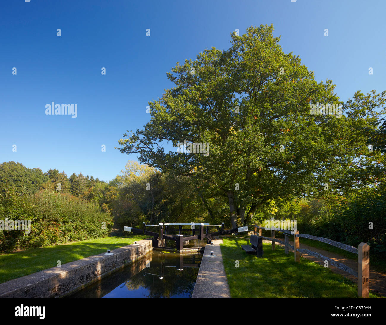 Bridleway by Baldwin's Knob Lock on the Wey & Arun Canal near Loxwood, Sussex, England. Stock Photo