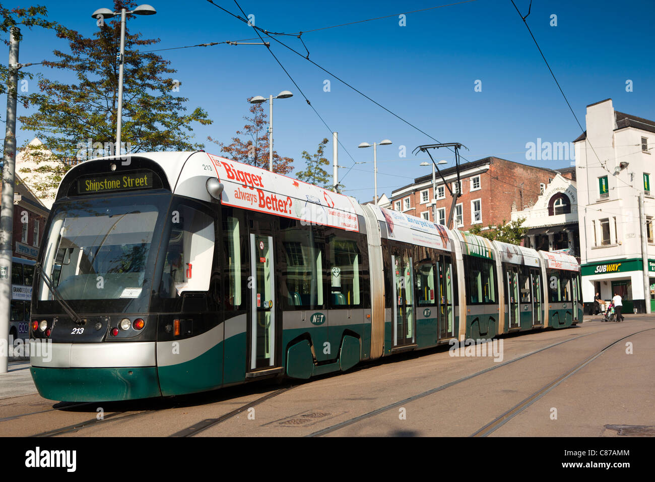UK, Nottinghamshire, Nottingham, Market Street, NET tram at Old Market Square stop Stock Photo