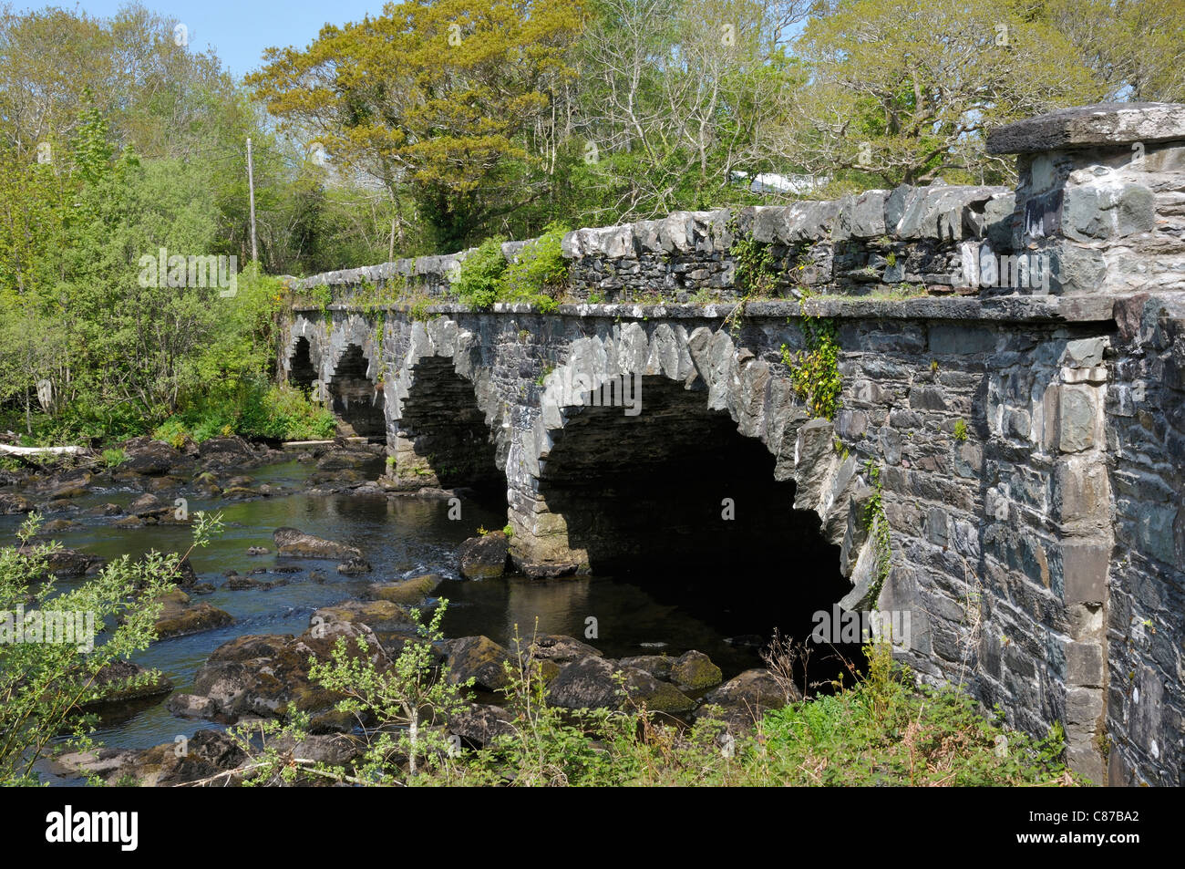 Upper Caragh River and Blackstones Bridge, Dromdoory, Glencar Co. Kerry, Ireland Stock Photo