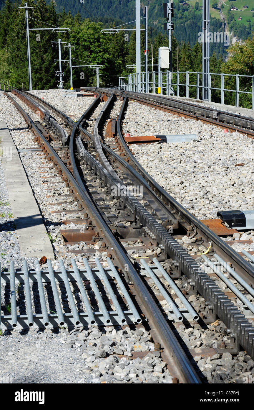 Railway point / turnout - Cog mountain railway track (system Strub), Bernese Oberland, Switzerland Stock Photo