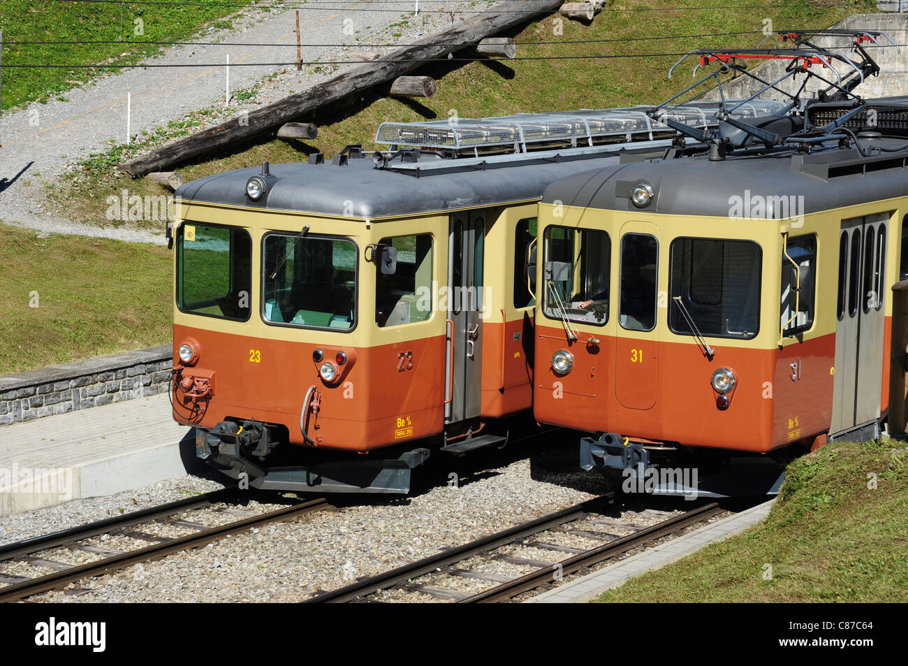 Trains between Grutschalp and Murren pass at Winteregg station, Bernese ...