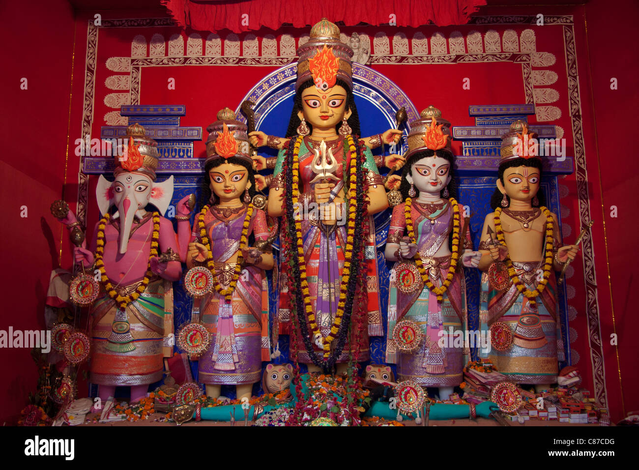 Depiction of Goddess Durga at 'Lake Town Adhibasibrinda Durga Puja pandal' in Kolkata (Calcutta), West Bengal, India. Stock Photo