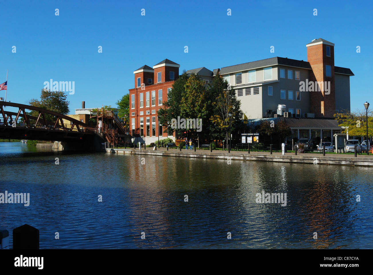 Blue skies and blue water of Erie Canal at Fairport NY port. Stock Photo